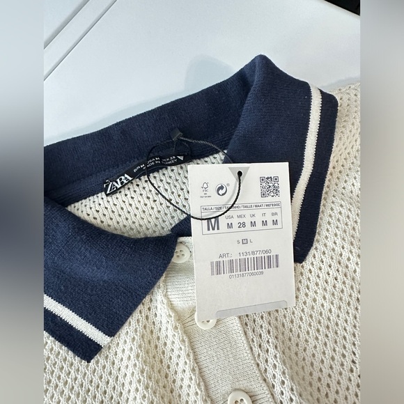 NWT Zara Women’s Combo Crochet Letter Polo Shirt in Cream & Navy Sz M - Picture 5 of 14